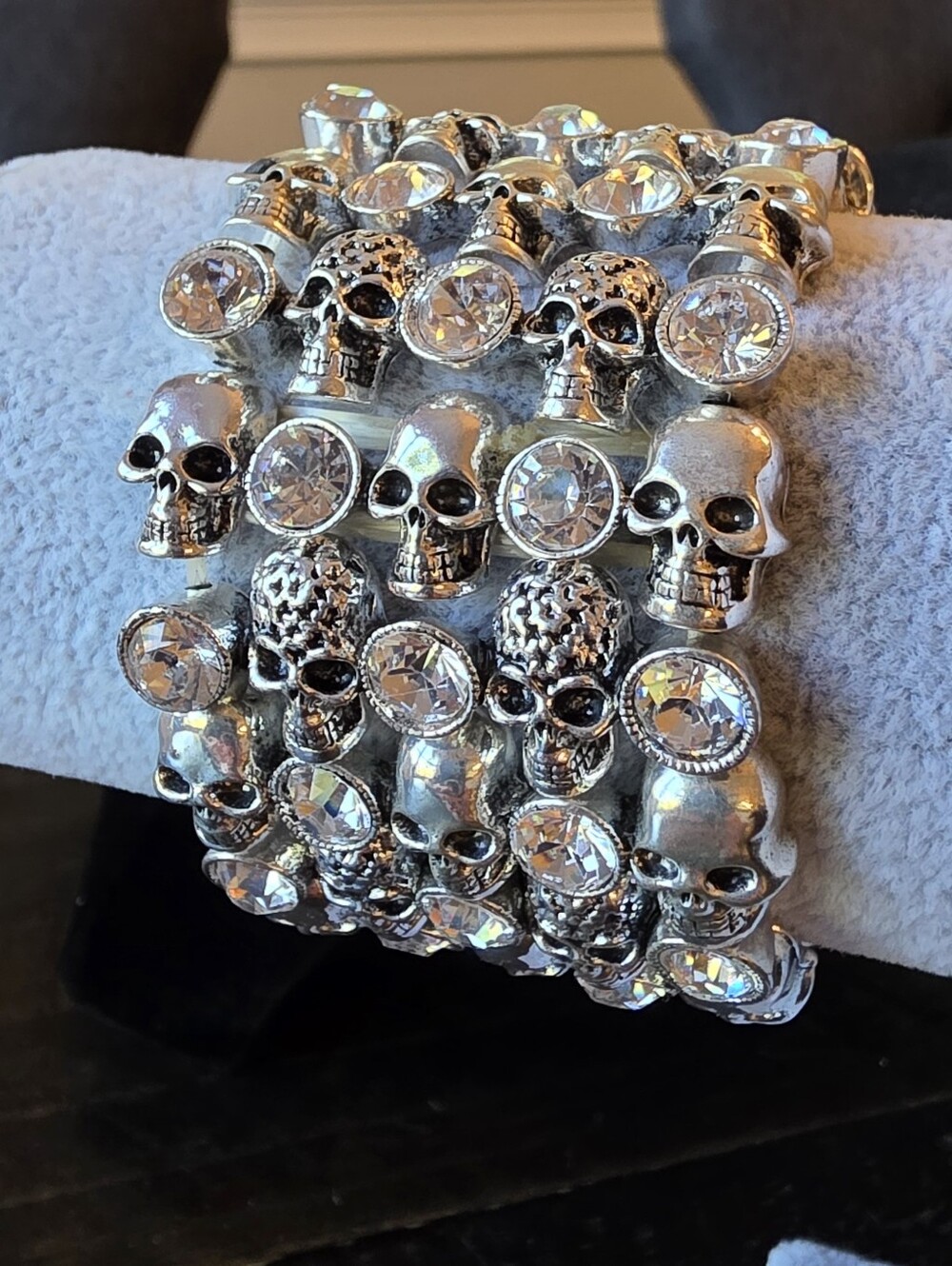Silver Skull Rhinestone Wide Stretch Cuff